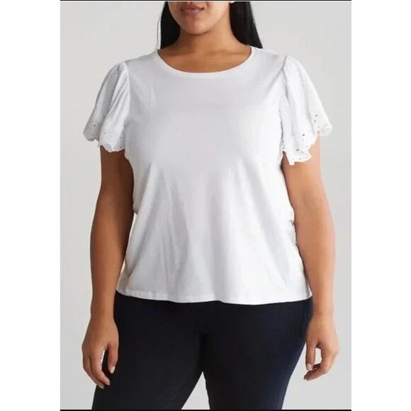 Tahari Crochet Lace Short Flutter Sleeves White Eyelet - Picture 1 of 7